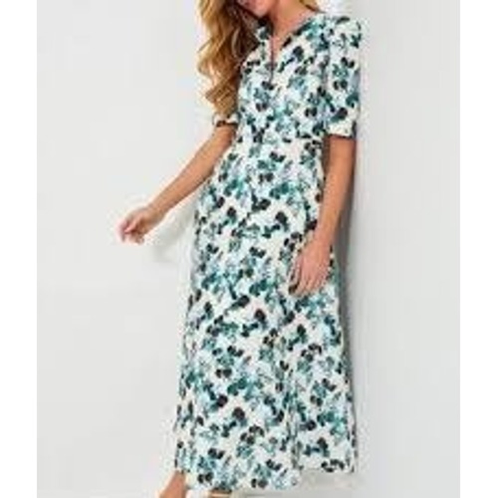 Tuckernuck Hadley Blue Blooms Linen Floral Maxi Dress Puff Sleeve Large NEW